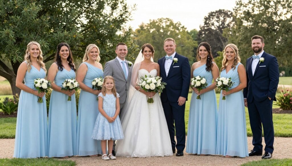 complete bridal party in coordinated light blue bridesmaid dresses