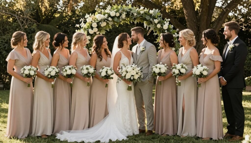 complete bridal party in coordinated neutral bridesmaid dresses at beautiful wedding