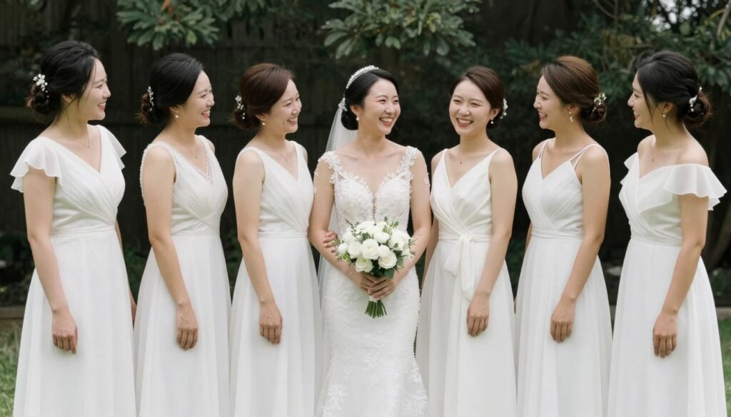 complete bridal party in white dresses celebrating