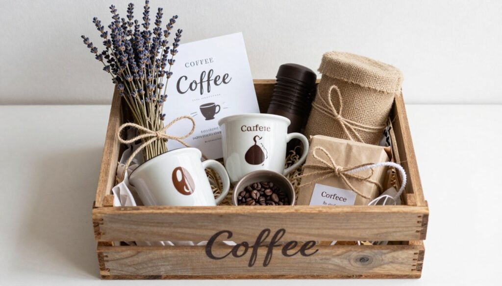complete coffee bridesmaid box in rustic wooden container with natural elements