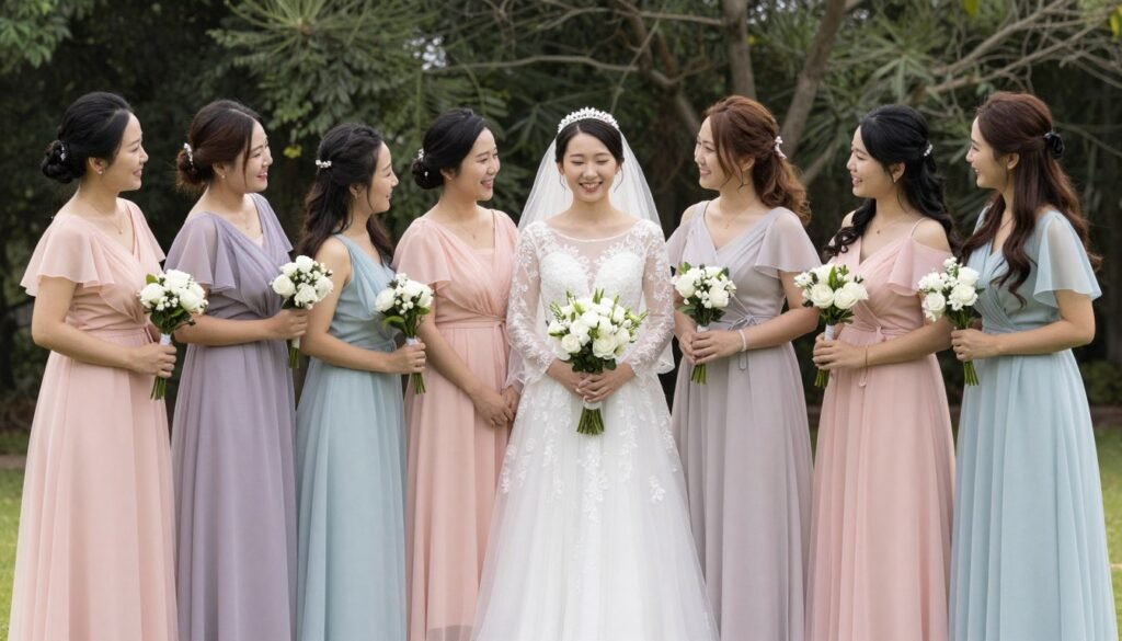 complete pastel bridal party celebrating together complete pastel bridal party celebrating together