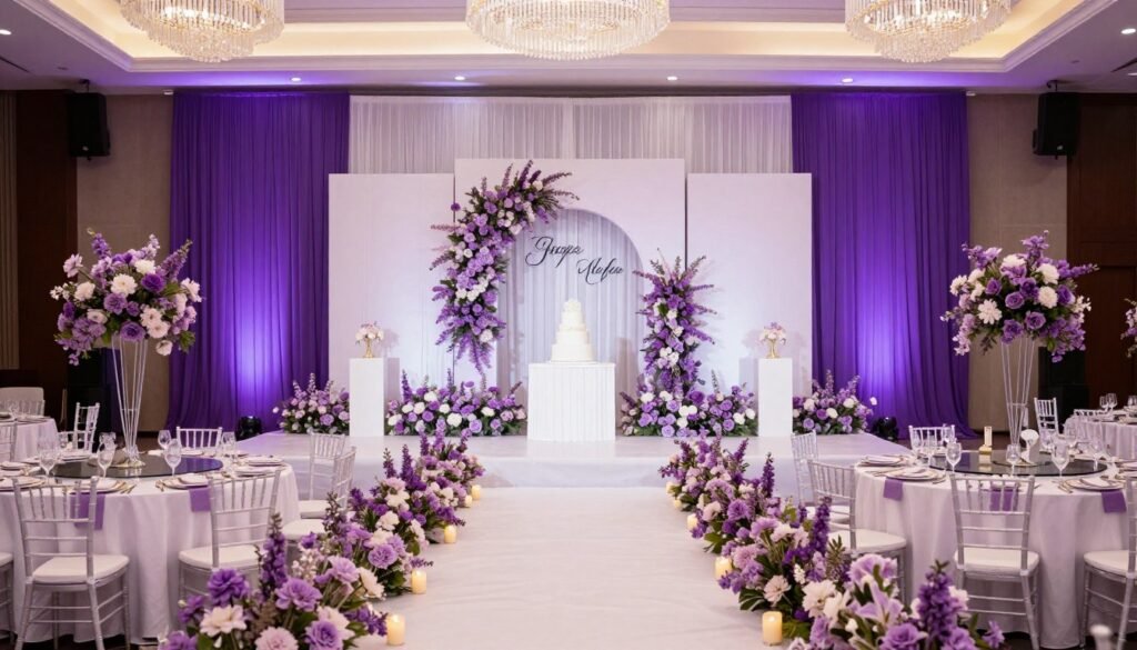 complete purple wedding setup showing all elements together