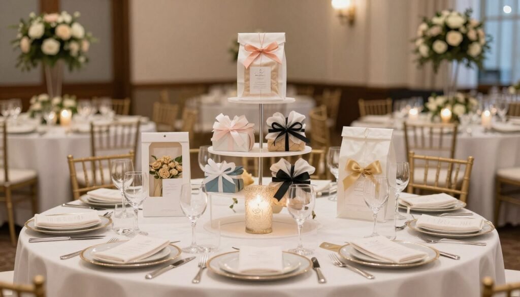 complete wedding favor setup on elegant reception table ready for guests