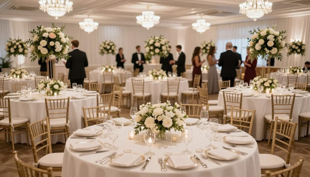 complete wedding reception with beautiful table numbers