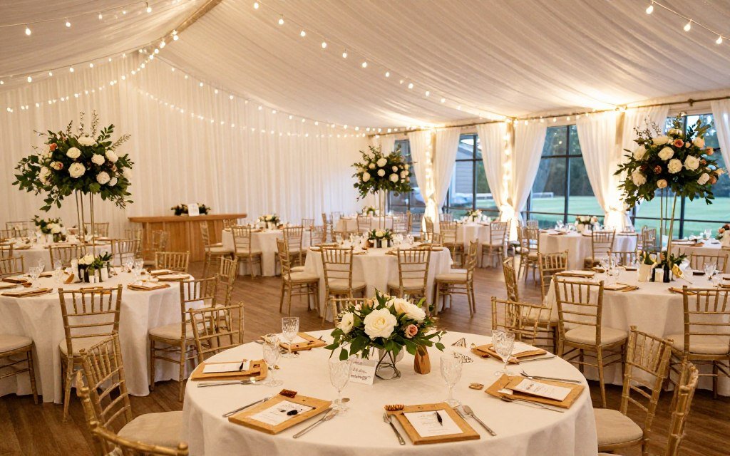 complete wedding venue showing all diy decorations together