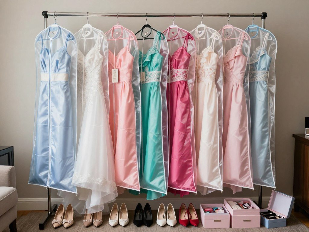 completed bridesmaid dresses hanging in garment bags ready for wedding day