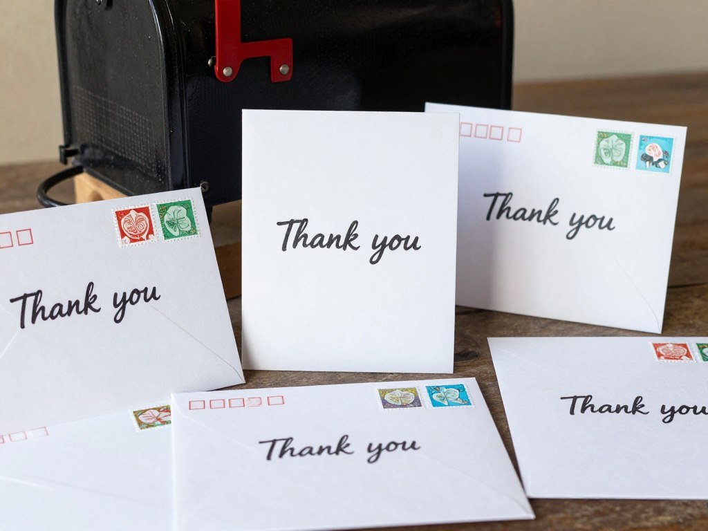 completed thank you cards in addressed envelopes ready for mailing