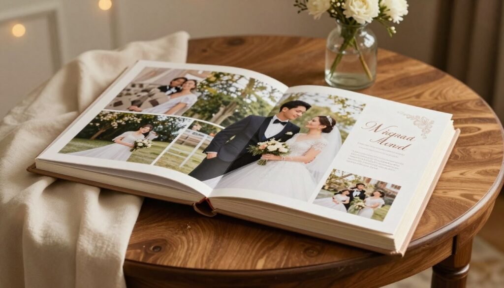 completed wedding scrapbook album displayed on table