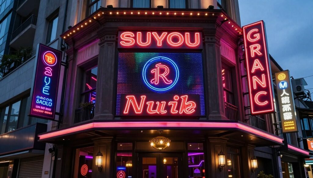 comprehensive club signage display with multiple sign types