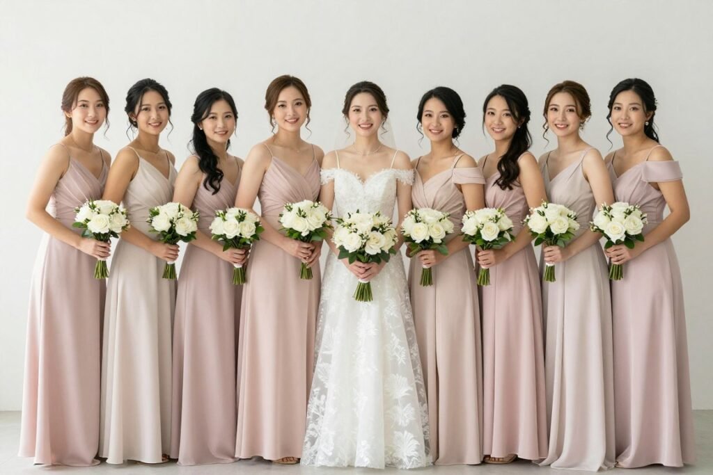 consistently styled bridesmaid group photo