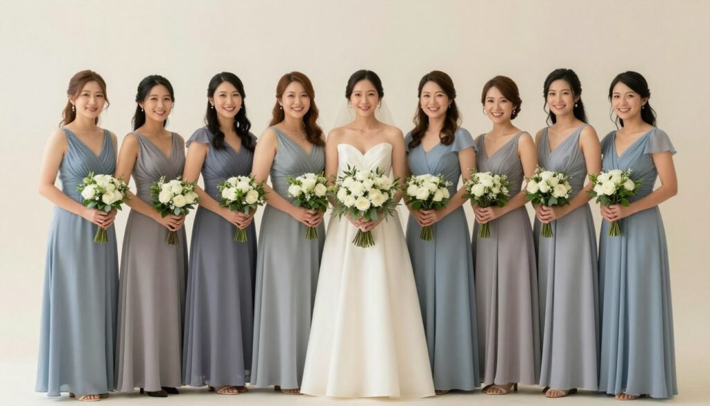 coordinated bridal party photos showing color harmony
