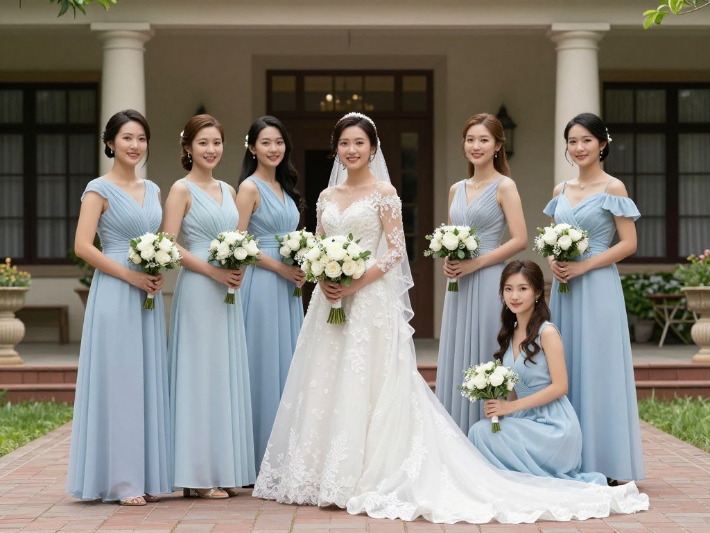 coordinated bridal party with varied light blue dress styles