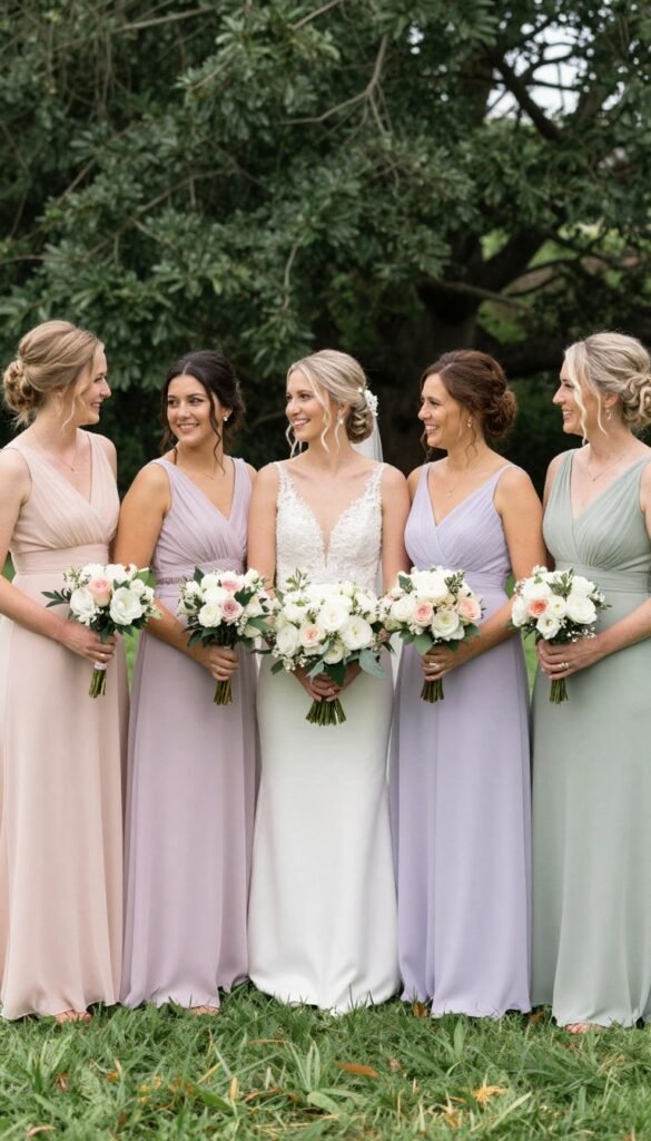 coordinated pastel bridesmaid dresses garden wedding