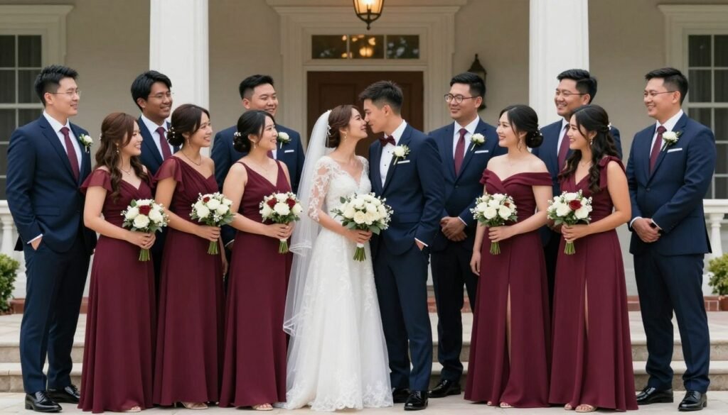 coordinated wedding party in matching color scheme