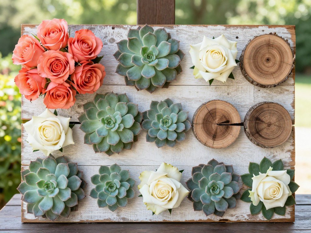 coral and sage green wedding color palette with succulents and roses