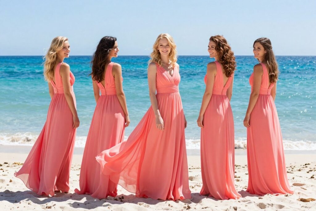 coral bridesmaid dress for beach wedding celebration