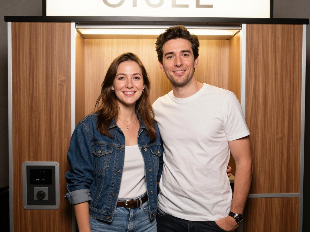 couple arriving early and relaxed at photo booth couple arriving early and relaxed at photo booth