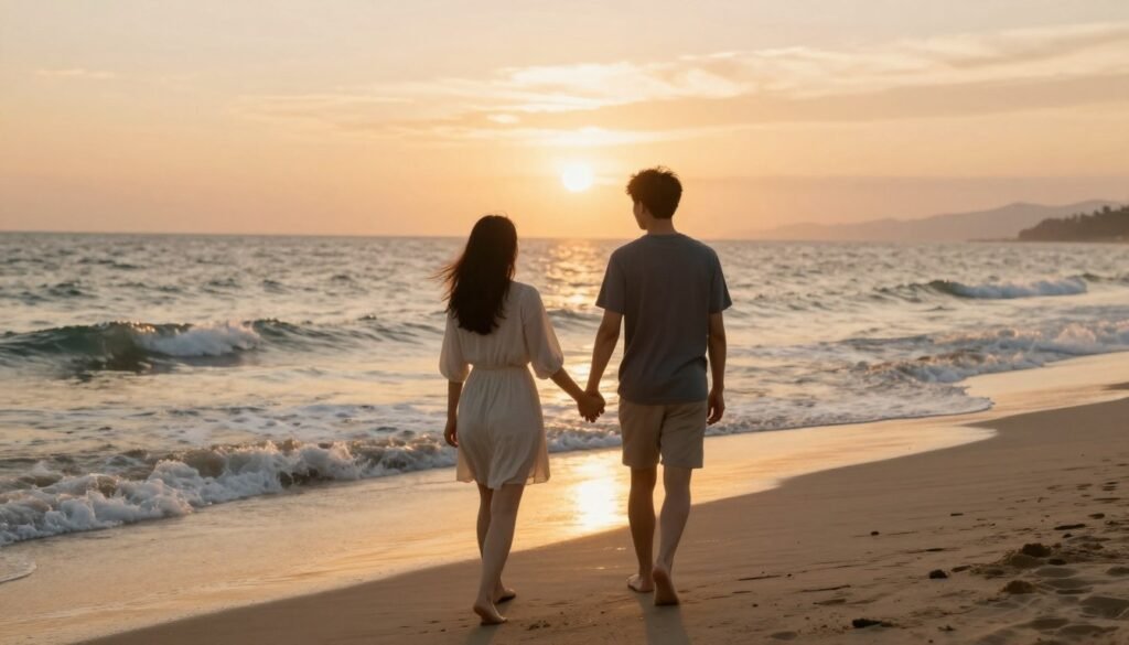 couple at beach during sunset romantic date
