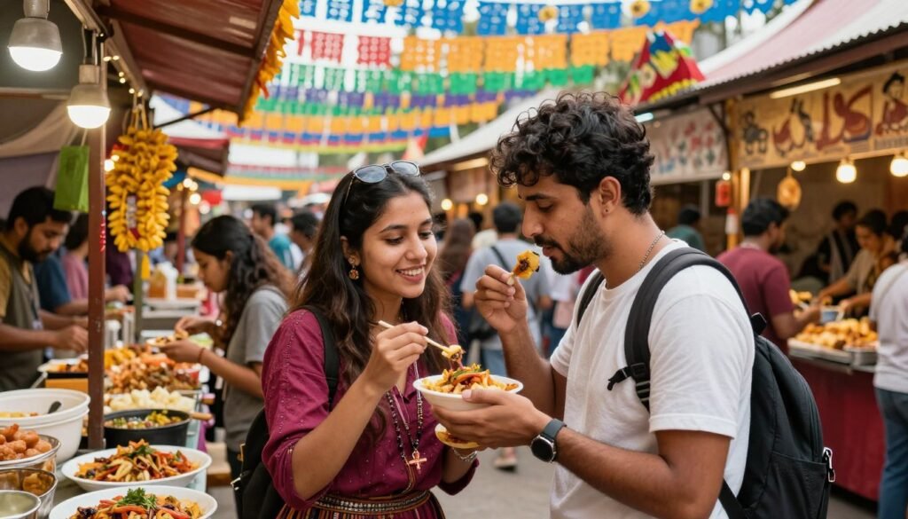 couple at cultural festival with international food and decorations couple at cultural festival with international food and decorations