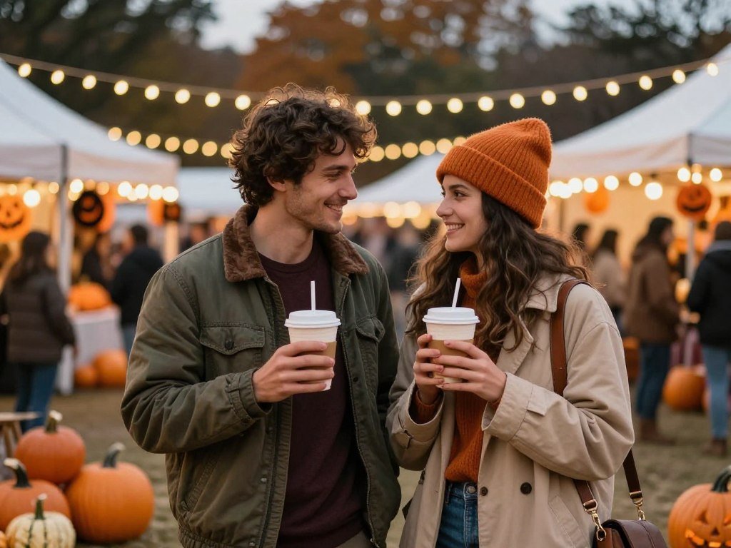 couple at fall festival with Halloween decorations couple at fall festival with Halloween decorations
