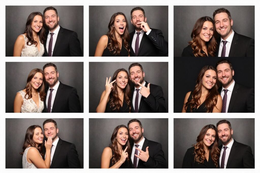 couple at photo booth multiple times during event couple at photo booth multiple times during event
