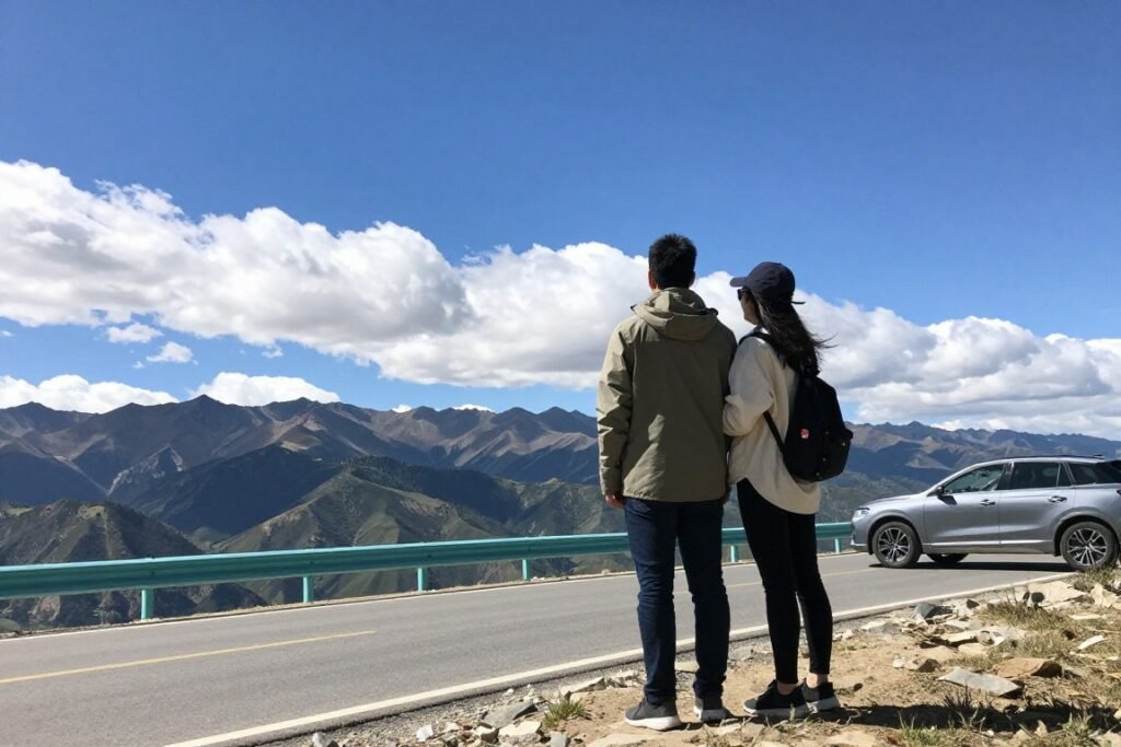 couple at scenic lookout point during road trip