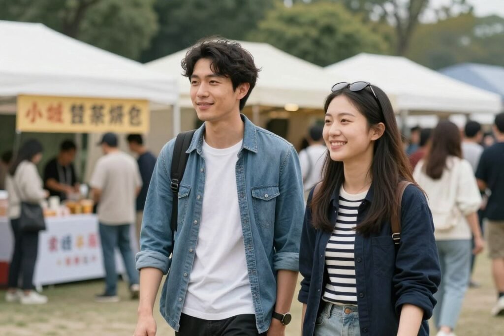 couple at spontaneous local festival or event
