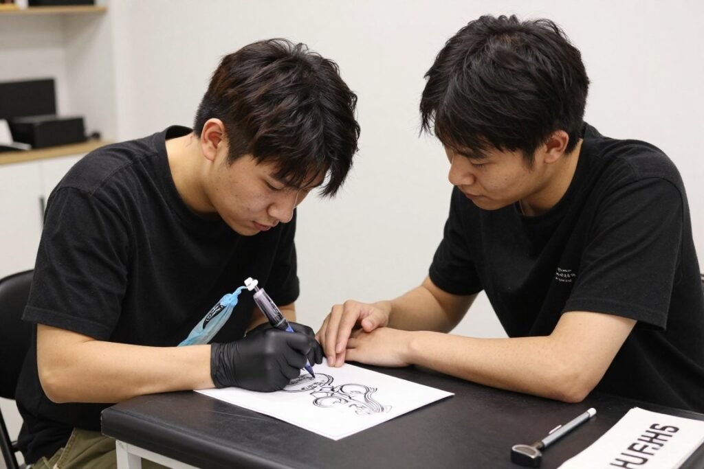 couple at tattoo consultation discussing ring designs with artist