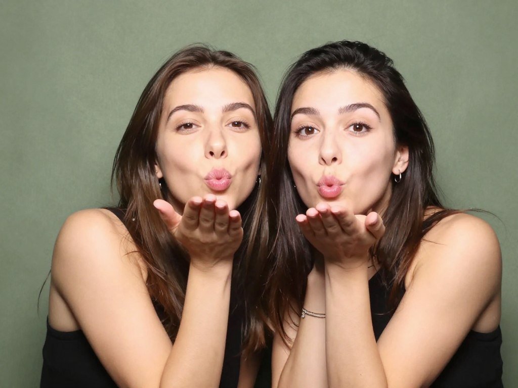 couple blowing kisses toward camera together in playful photobooth shot