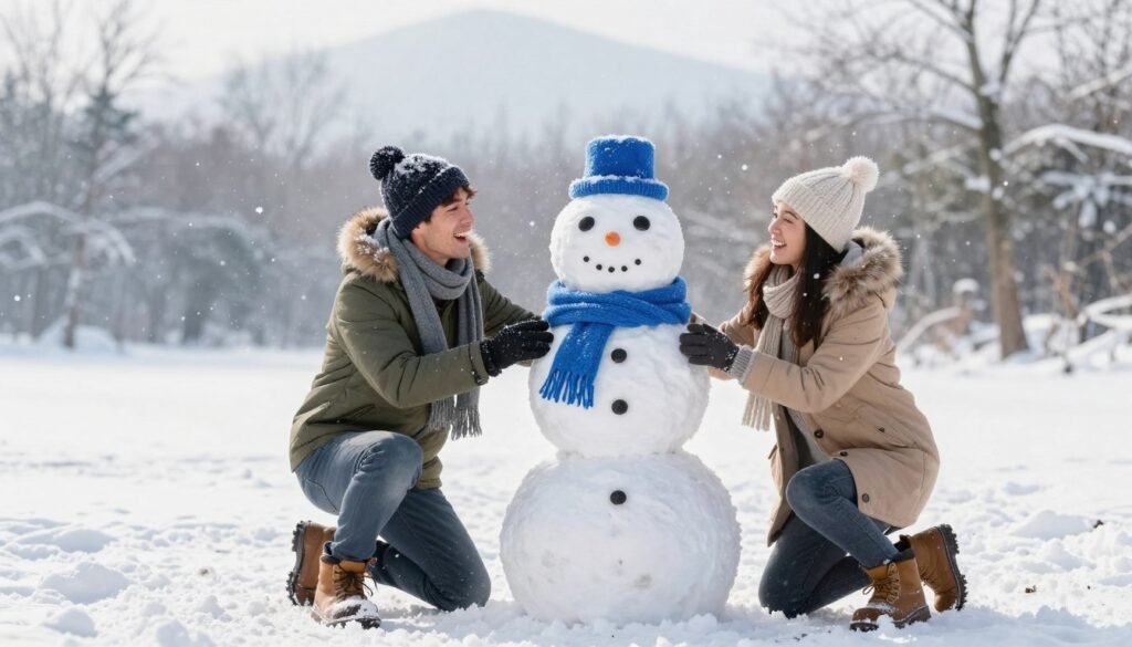 couple building snowman together in winter