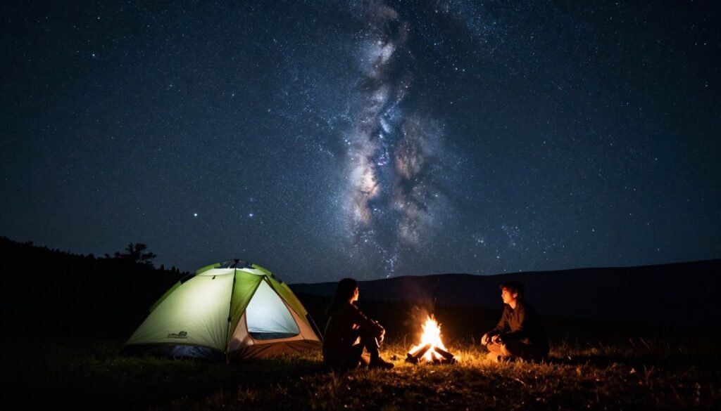couple camping under starry night sky
