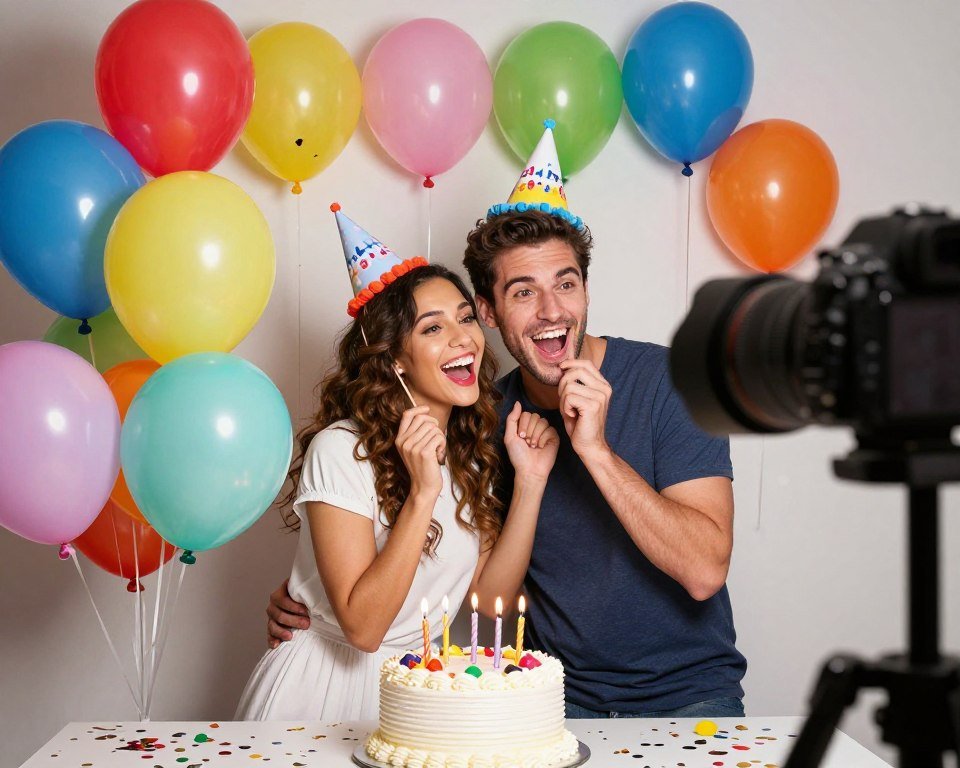 couple celebrating birthday in festive photo booth couple celebrating birthday in festive photo booth