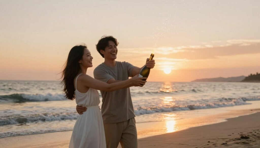 couple celebrating engagement on beach with champagne