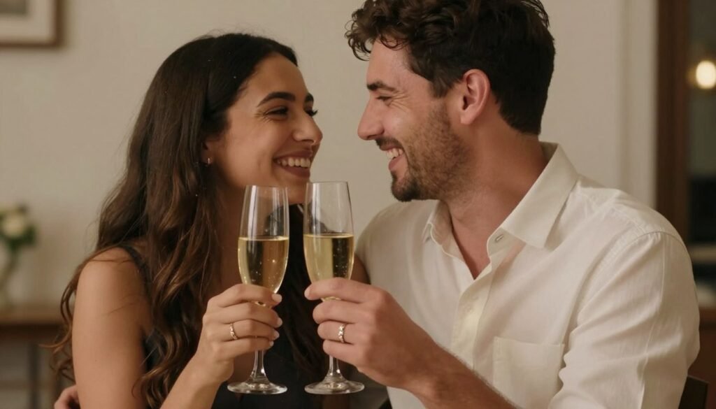 couple celebrating engagement with champagne and happiness