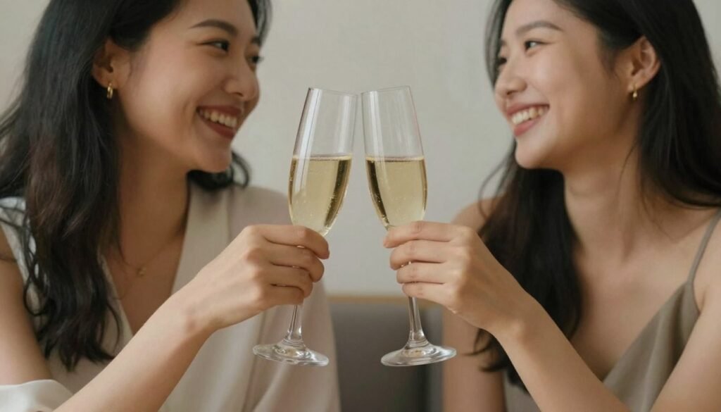 couple celebrating engagement with champagne toast