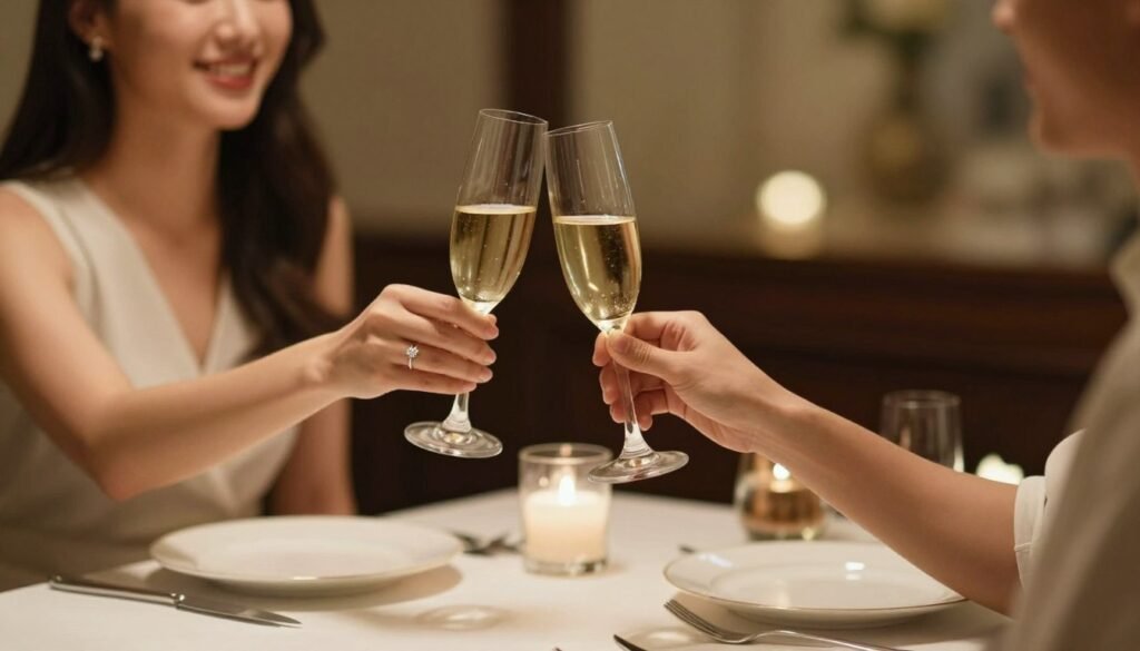 couple celebrating engagement with romantic dinner