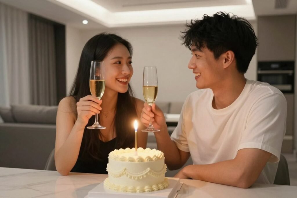 couple celebrating first anniversary with cake and champagne