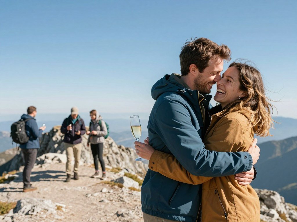 couple celebrating proposal on mountain summit