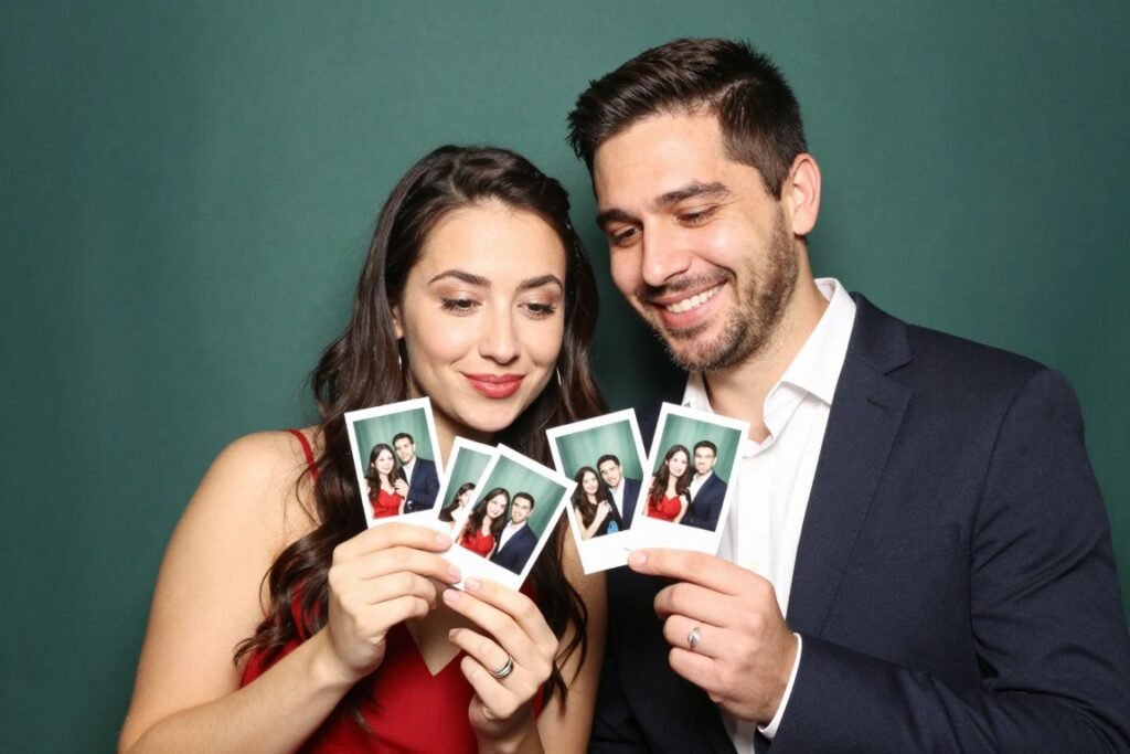 couple celebrating successful fun photobooth session with many photos