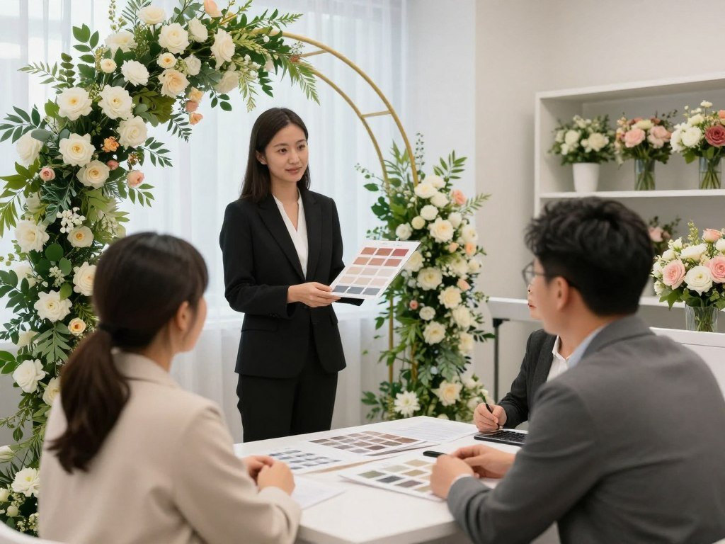 couple consulting with wedding florist about arch design