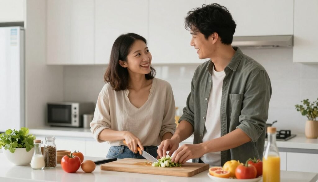 couple cooking together in home kitchen