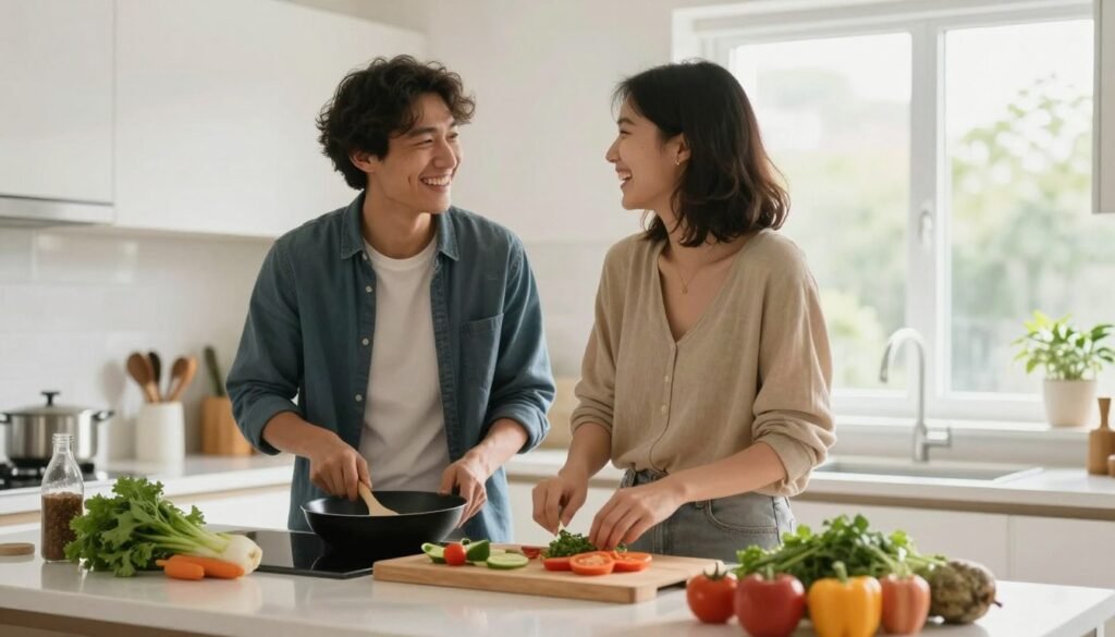 couple cooking together in modern kitchen couple cooking together in modern kitchen