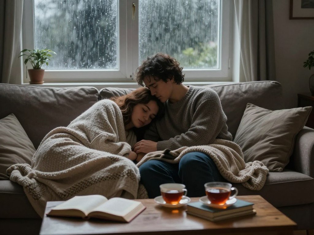 couple cozy indoors on rainy day with books and tea couple cozy indoors on rainy day with books and tea