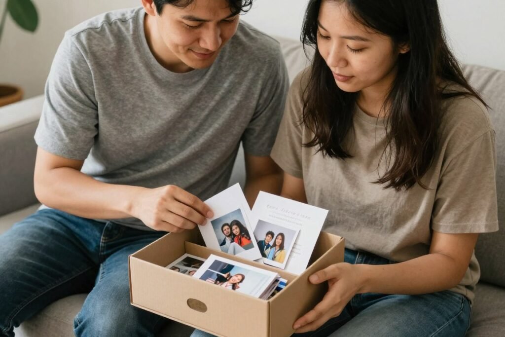 couple creating anniversary time capsule with photos and mementos