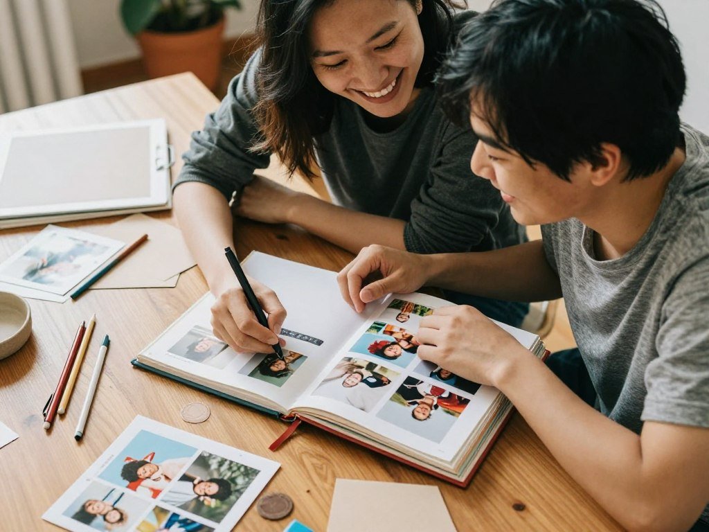 couple creating scrapbook together with photos and memories for anniversary