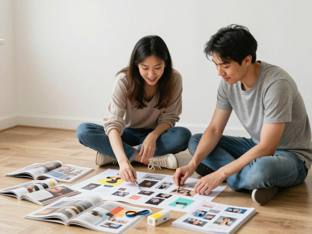 couple creating vision board together with magazines and photos