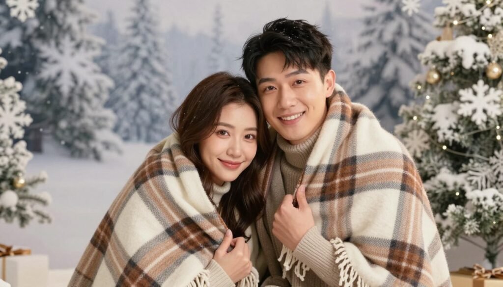 couple cuddling in cozy winter themed photo booth couple cuddling in cozy winter themed photo booth