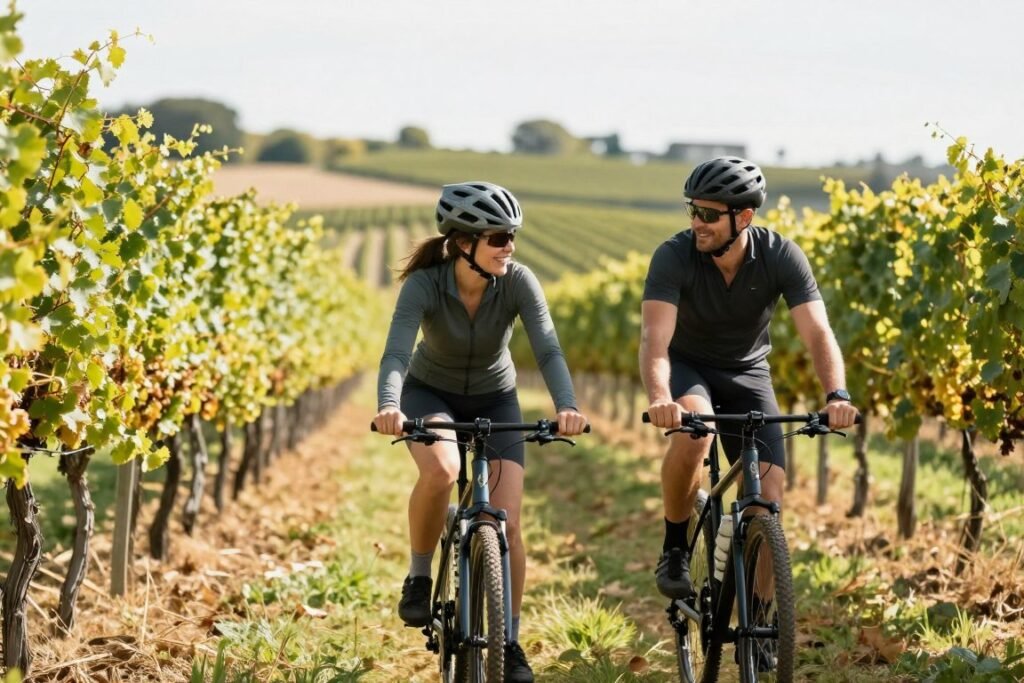 couple cycling through scenic vineyard landscape for romantic anniversary adventure