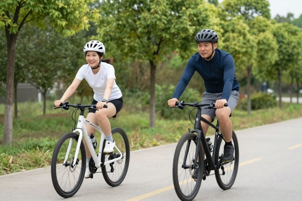 couple cycling together outdoor date