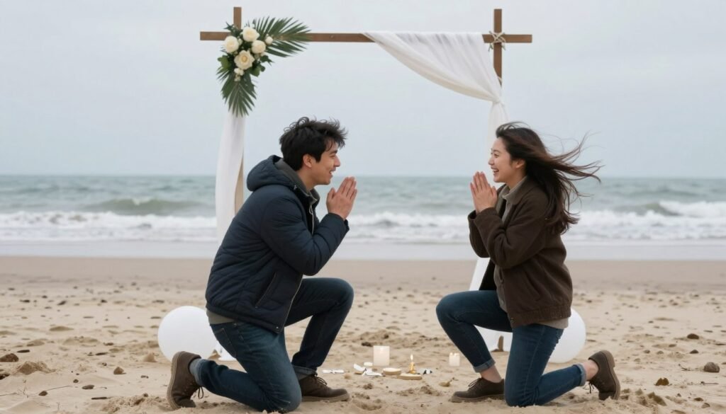 couple dealing with beach proposal challenges